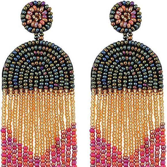Long 4.5" Modern Art Deco Oversized Post Earrings AB Green Red Brown Gold Beaded - Picture 3 of 7